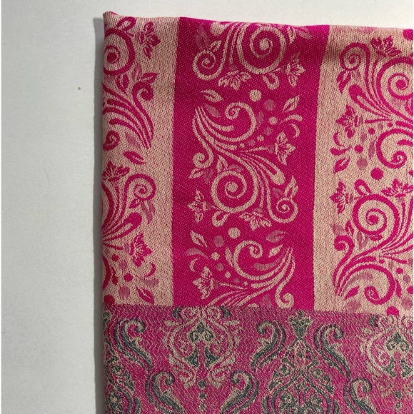 Pashmina Cashmere Scarf Wrap Rich Pink, Cream, Sage w/ Tassels Excellent Vintage - Picture 3 of 14
